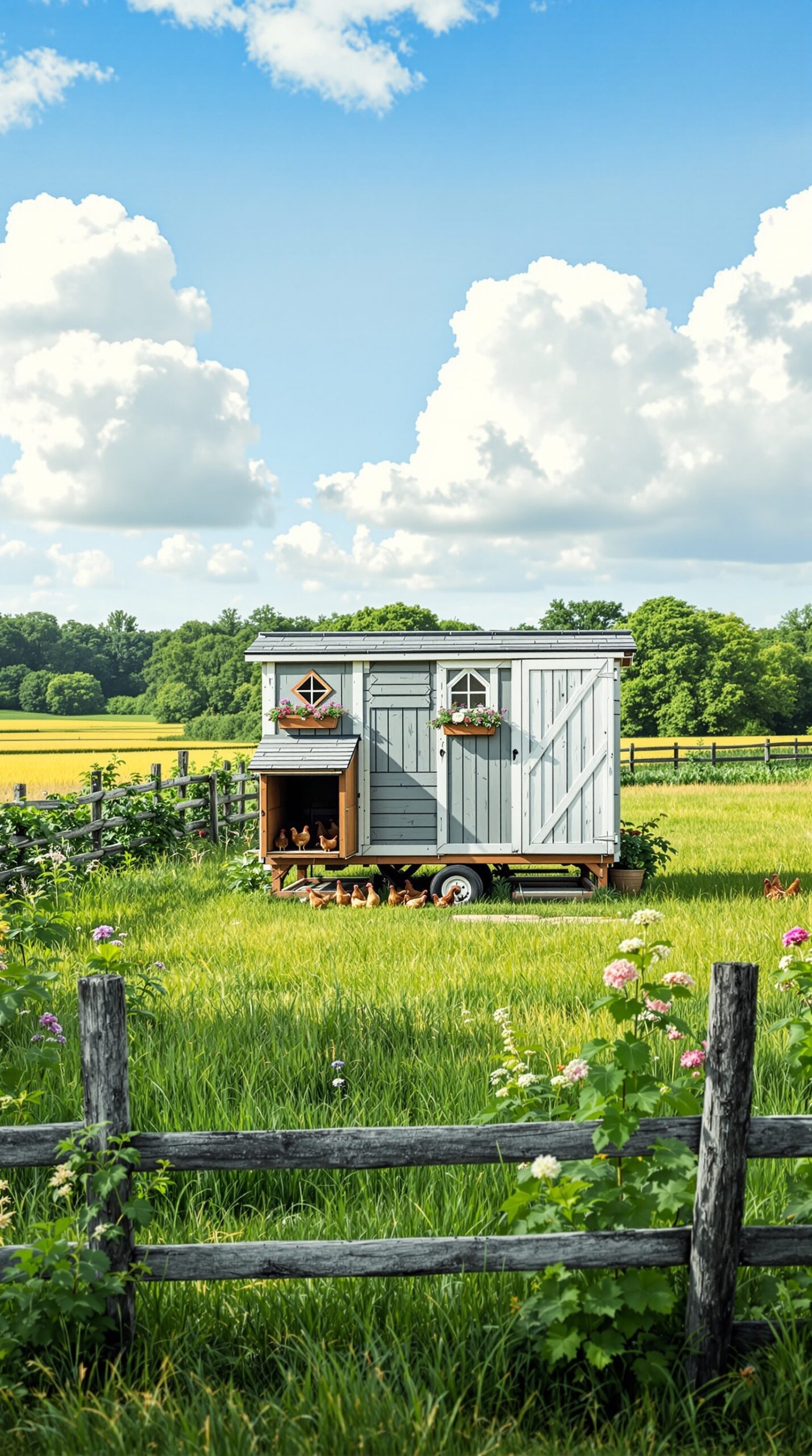 A rustic raised chicken coop in a grassy field with flowers and trees in the background.