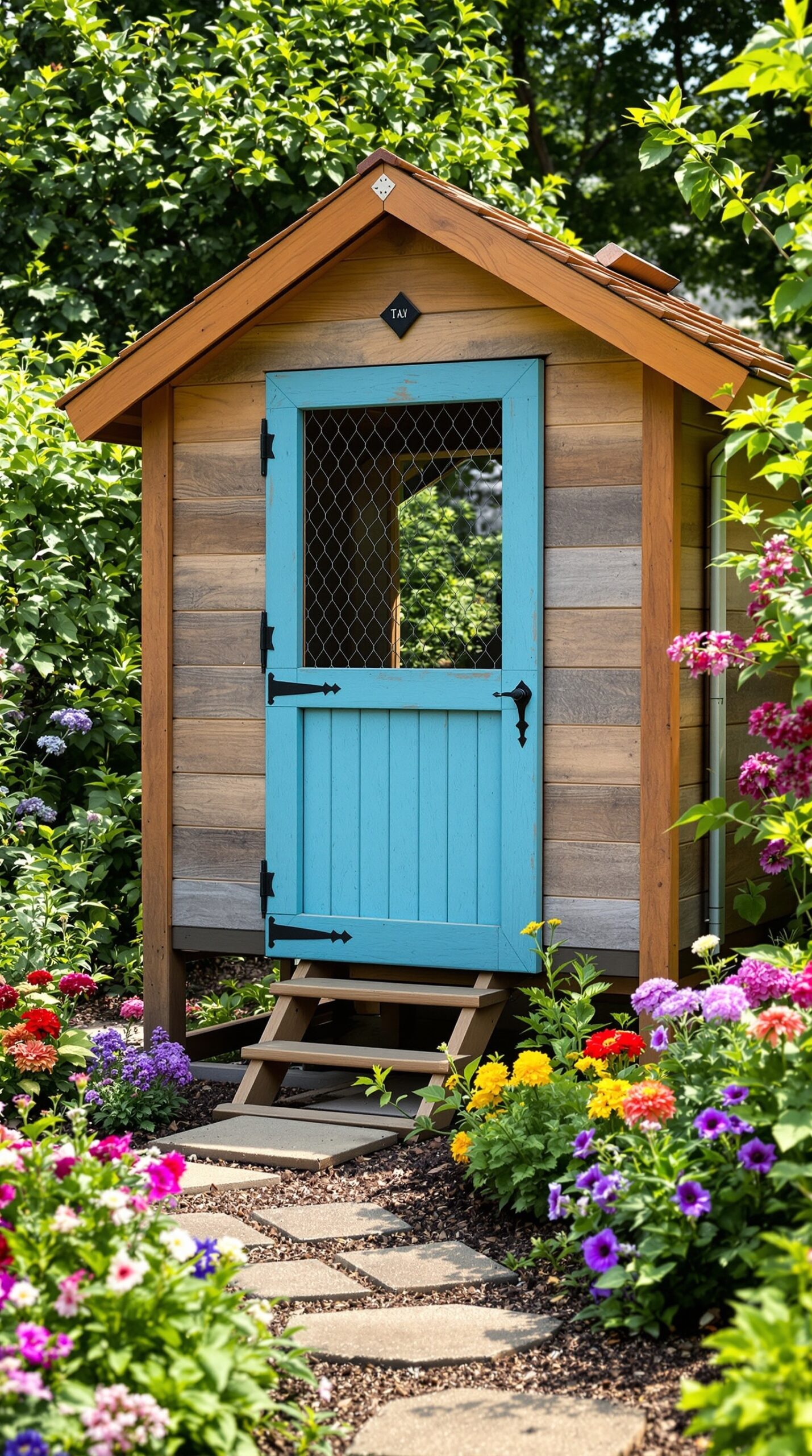 Aesthetic wooden raised chicken coop with a blue door surrounded by colorful flowers.