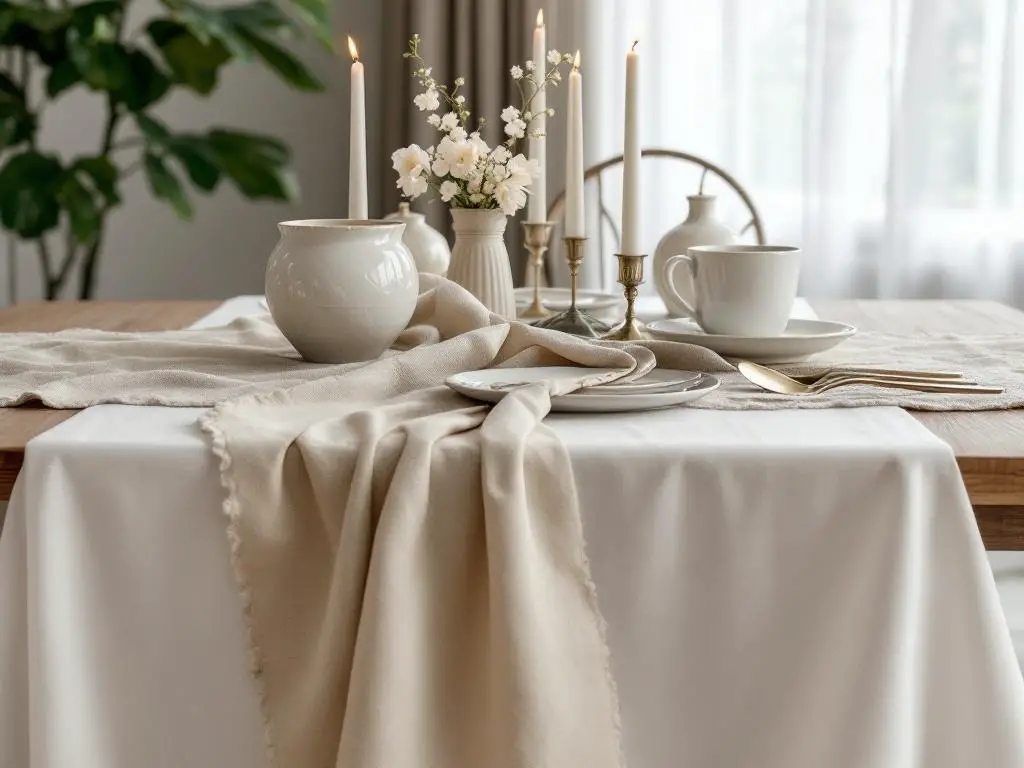 A stylish table setting featuring a beige table runner, candles, and a vase of flowers.