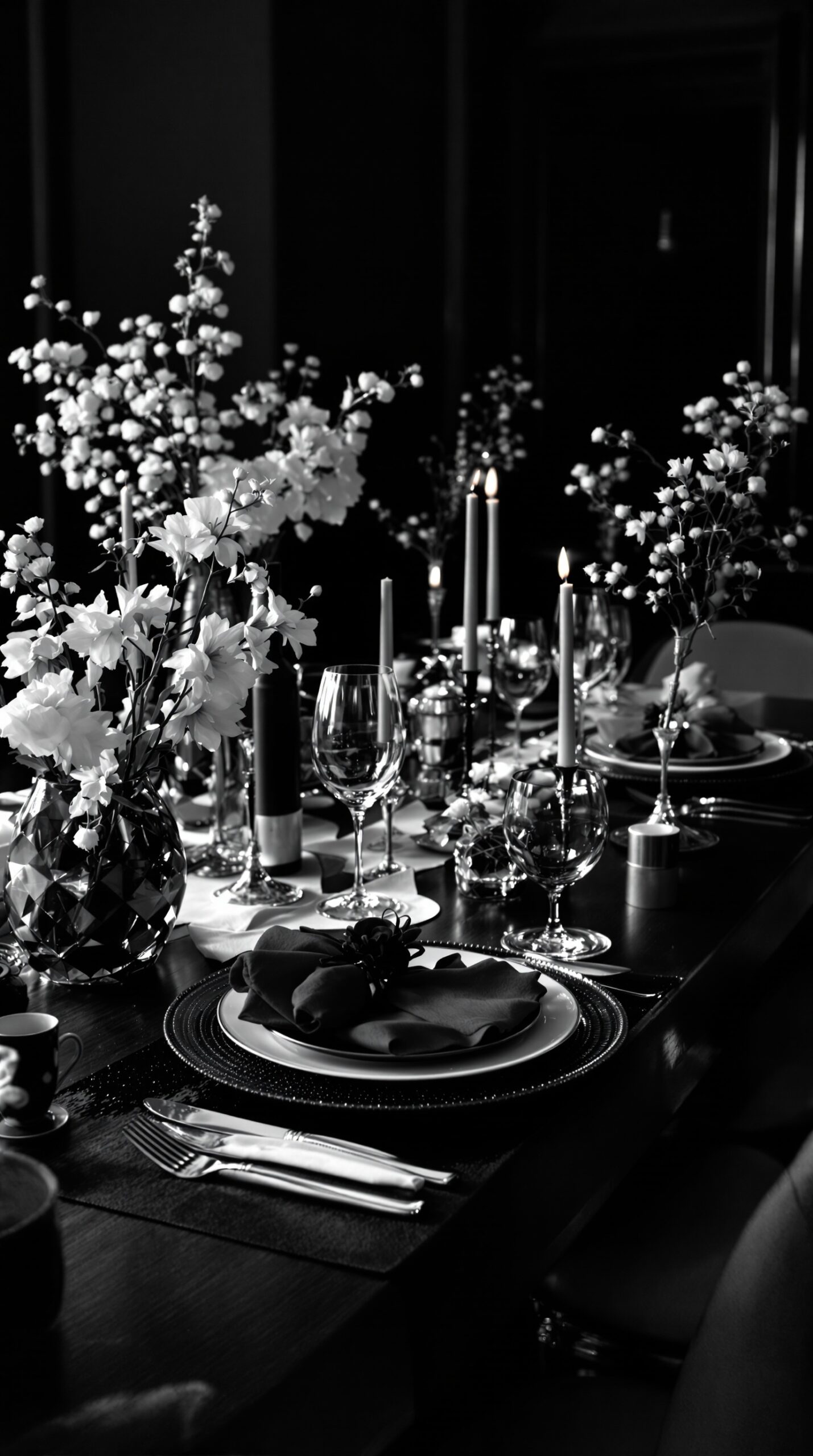 A beautifully set black and white dinner table with flowers, candles, and elegant dinnerware.