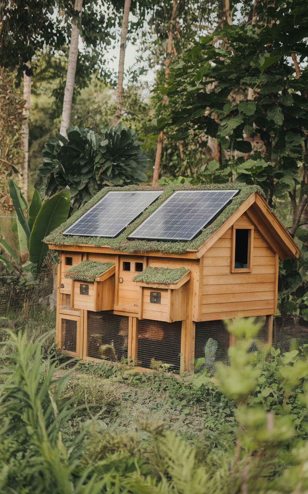 Eco-friendly chicken coop with solar panels and a green roof, surrounded by lush greenery.