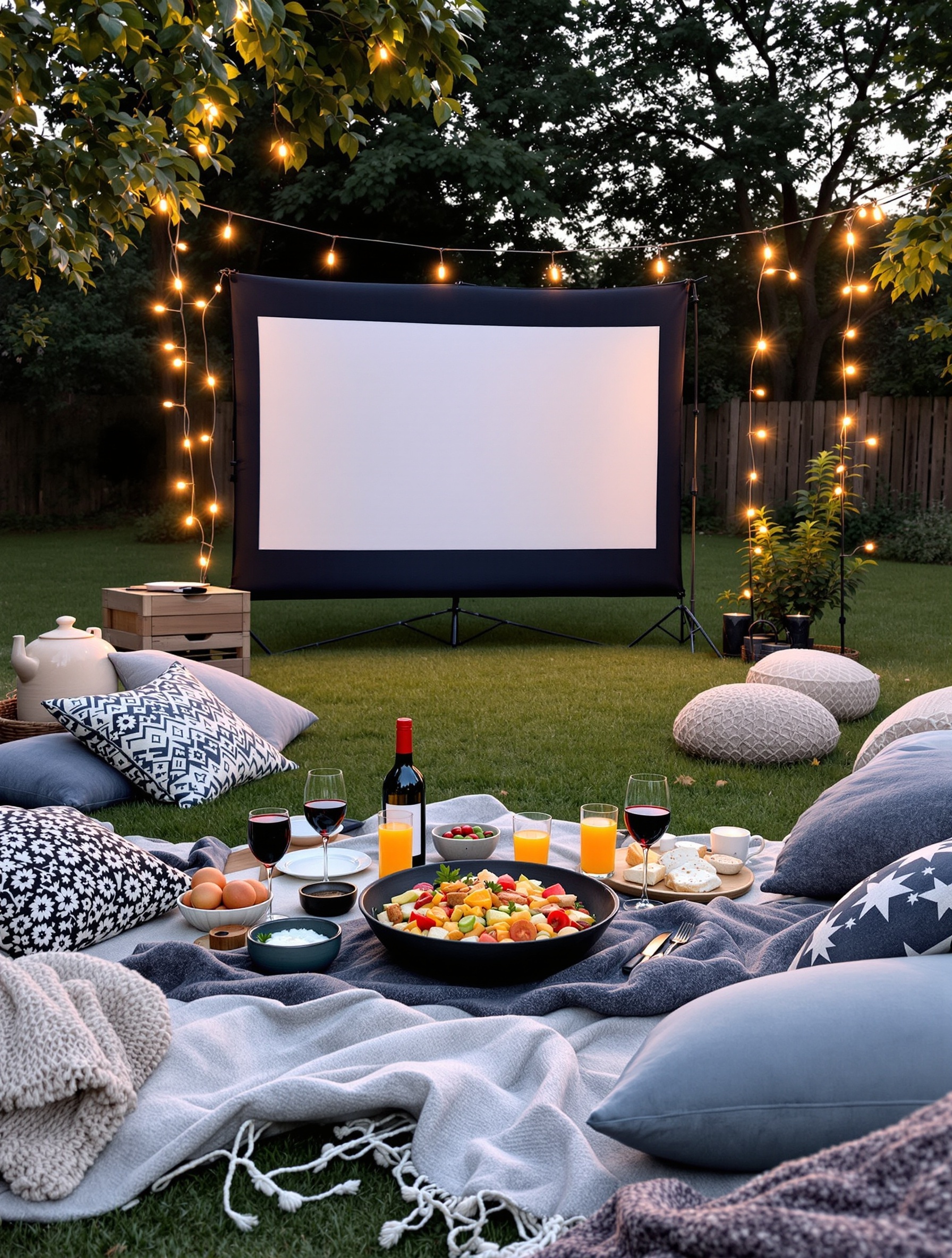 Outdoor movie night setup with blankets, pillows, snacks, and a large screen