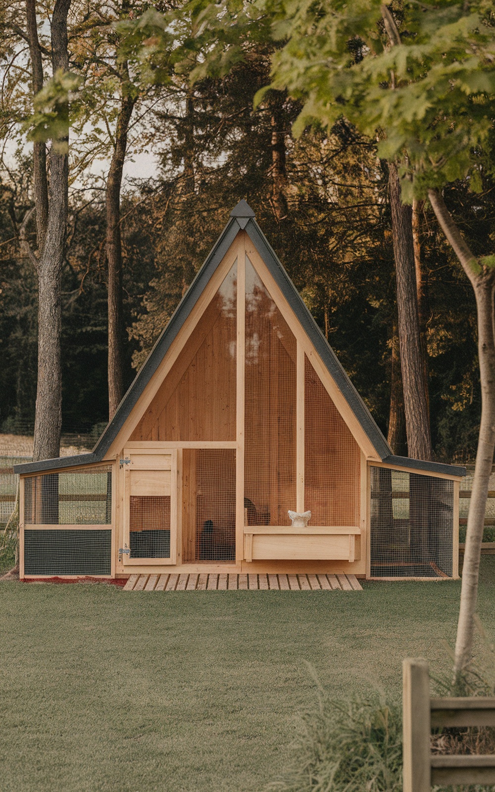 A luxury A-frame chicken coop surrounded by trees