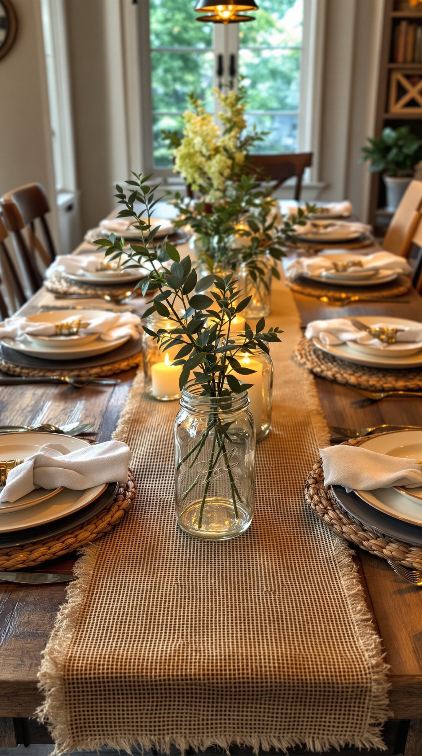 A rustic farmhouse dining table set with plates, candles, and greenery.