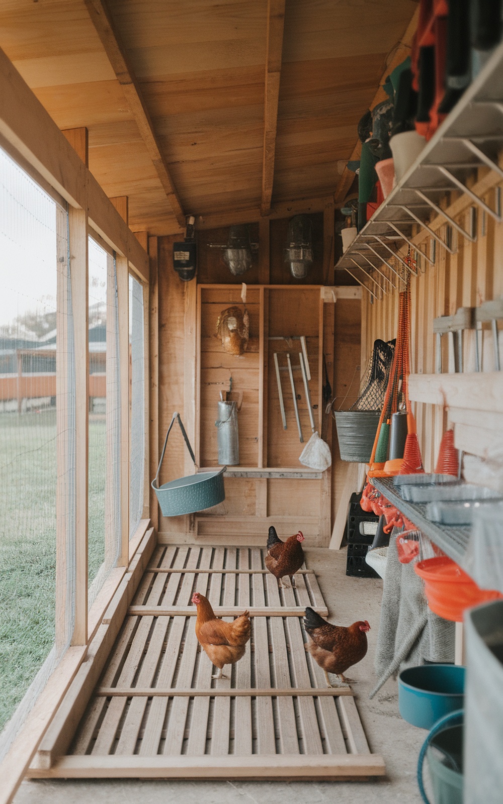 17+ Chicken Coop With Storage Ideas for a More Organized Backyard 11 A well-organized chicken coop featuring storage hooks and racks for tools and supplies.