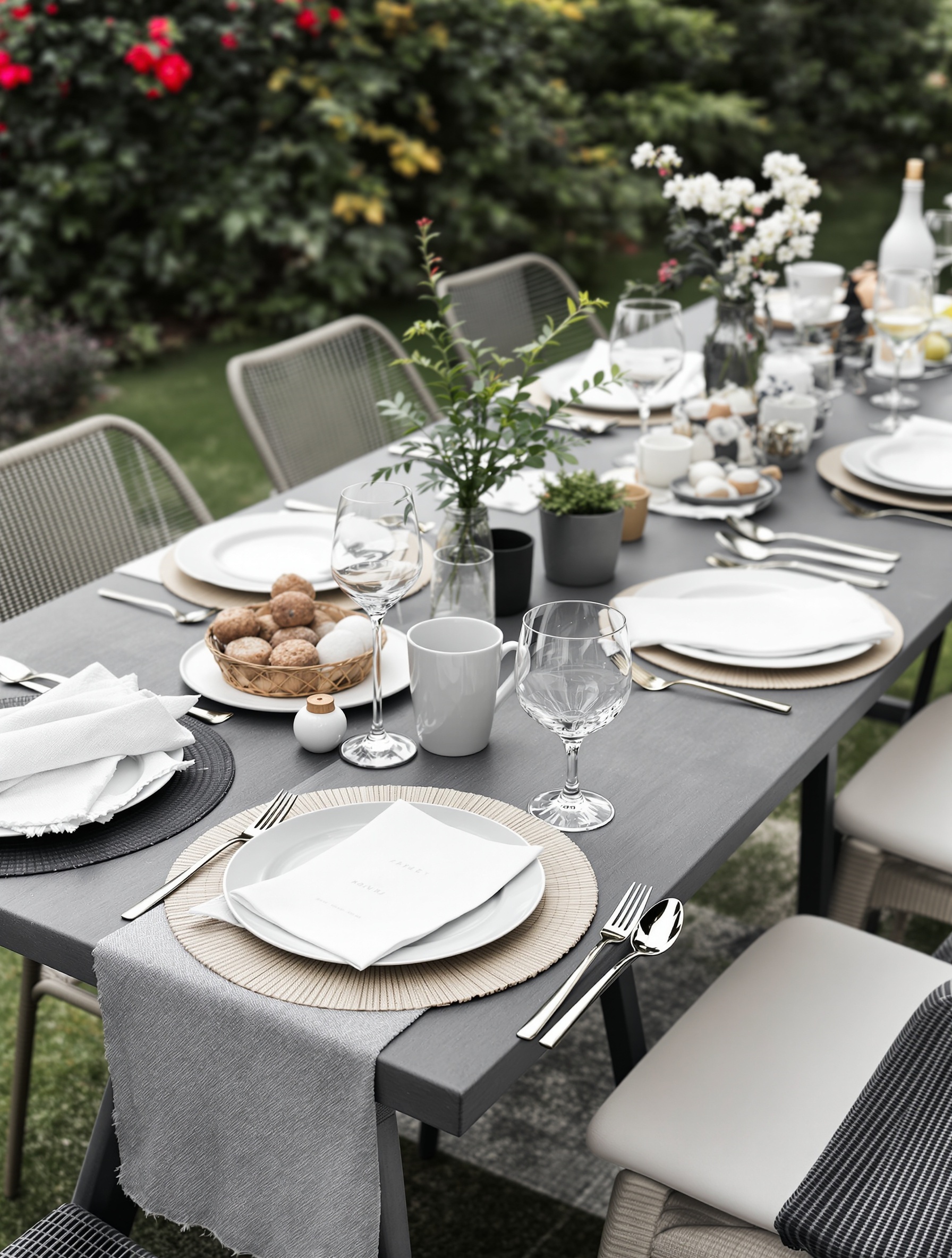 Chic minimalist garden dinner party table setting with monochrome palette.