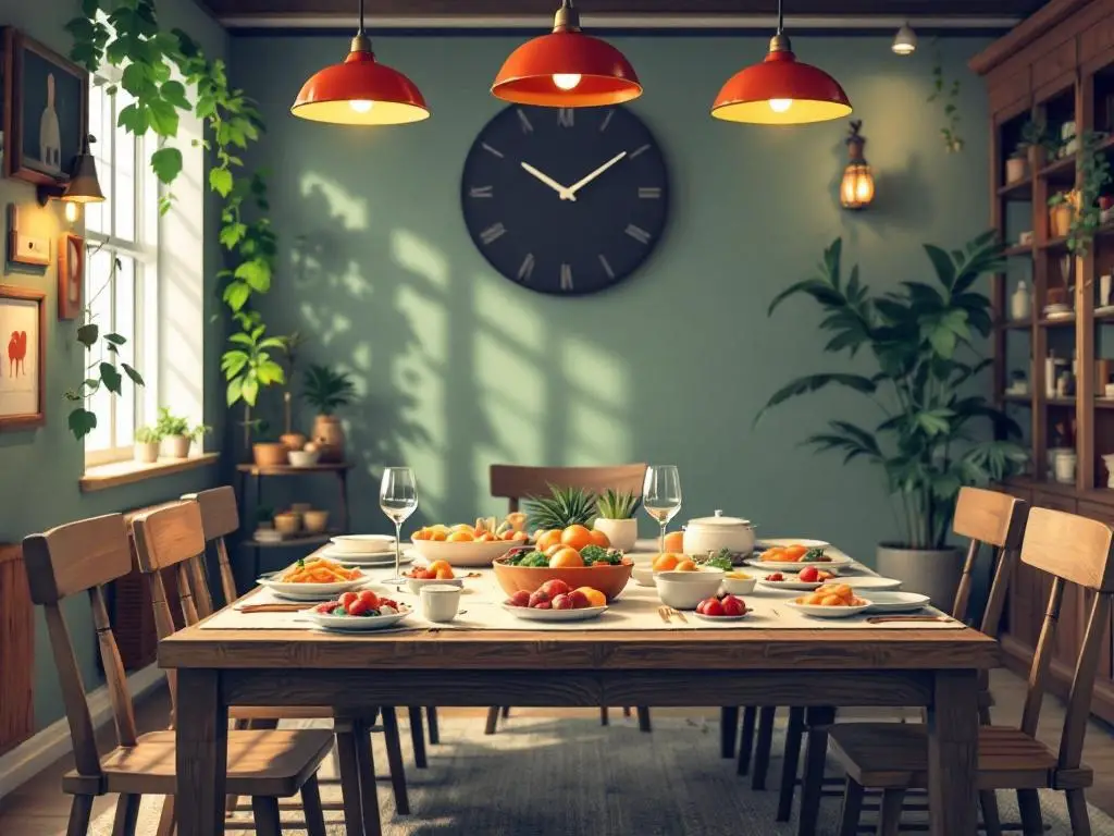 A cozy dining table set for a family-style dinner with colorful dishes and warm lighting.