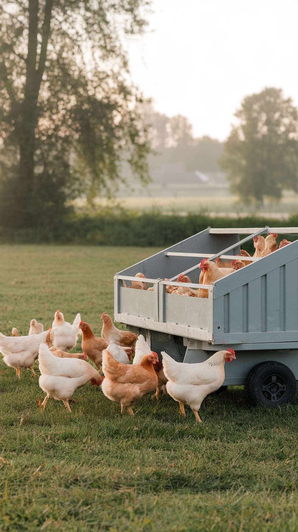A portable chicken tractor with chickens roaming around in a grassy field.