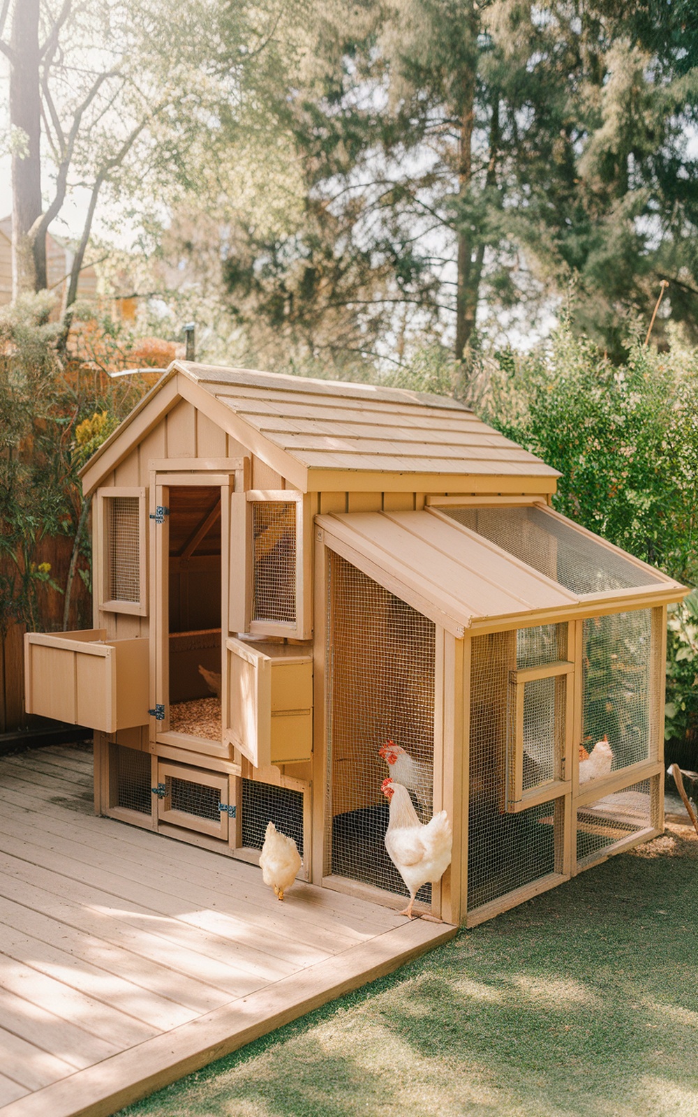 17+ Chicken Coop Plans for 20 Chickens (Spacious & Practical Designs) 12 A gabled roof chicken coop with a light color, featuring multiple access points and a secure outdoor run.