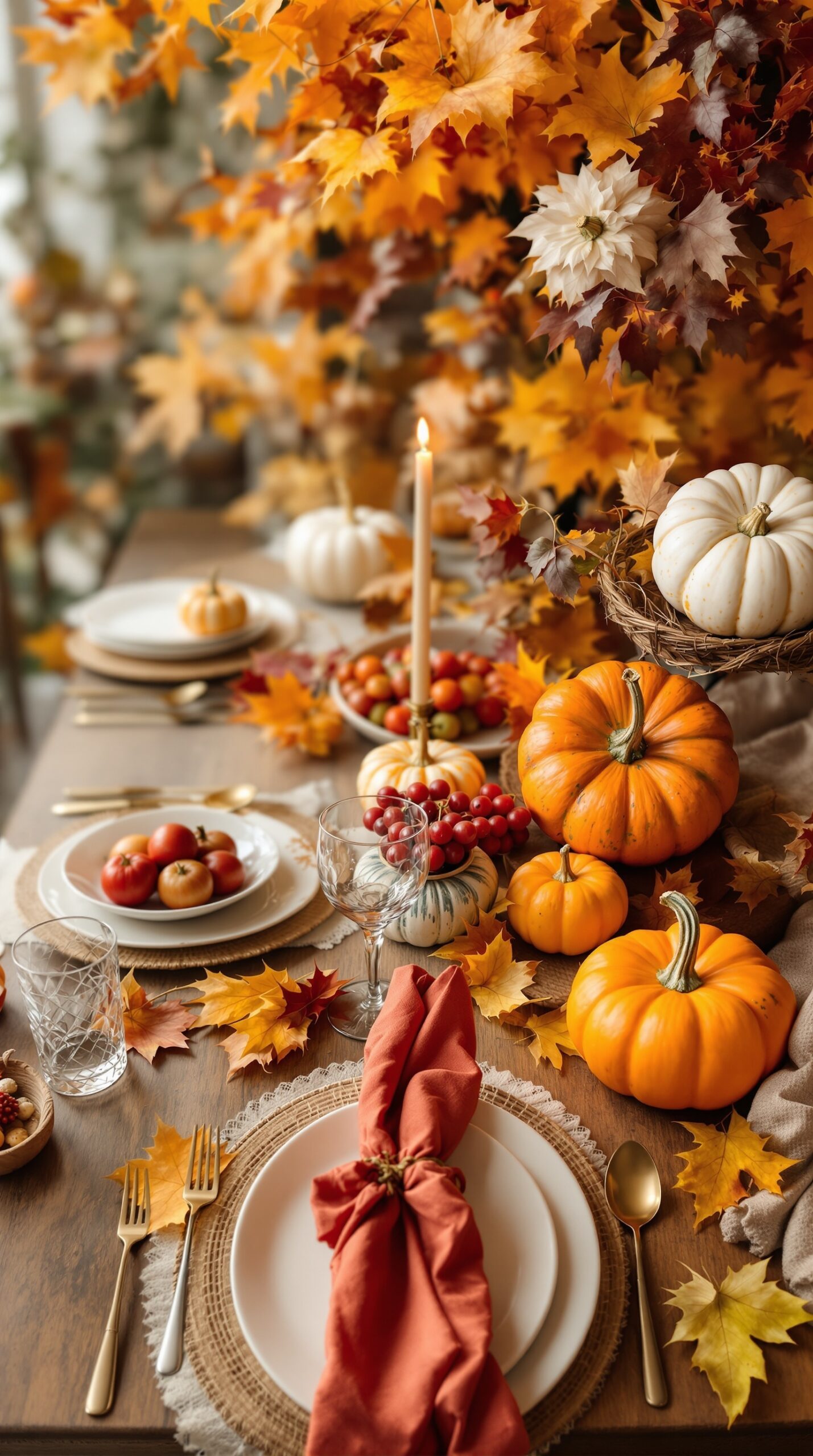 A beautifully set autumn dinner table with pumpkins, leaves, and warm colors.