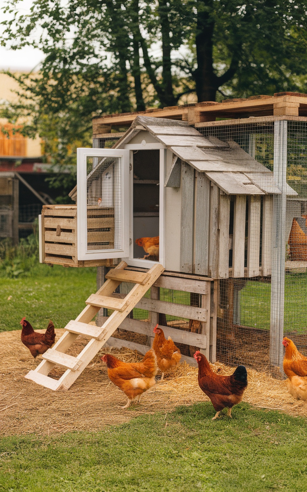A rustic chicken coop made from recycled materials with chickens around it.