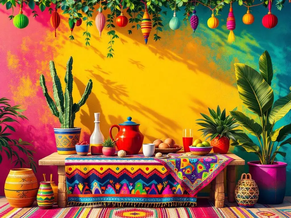 A vibrant fiesta table setting with colorful decorations, plants, and a patterned tablecloth.