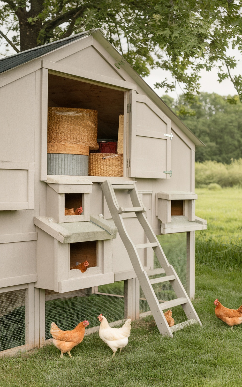 17+ Chicken Coop With Storage Ideas for a More Organized Backyard 16 A chicken coop with storage in the roof space, featuring baskets and containers, with chickens outside.