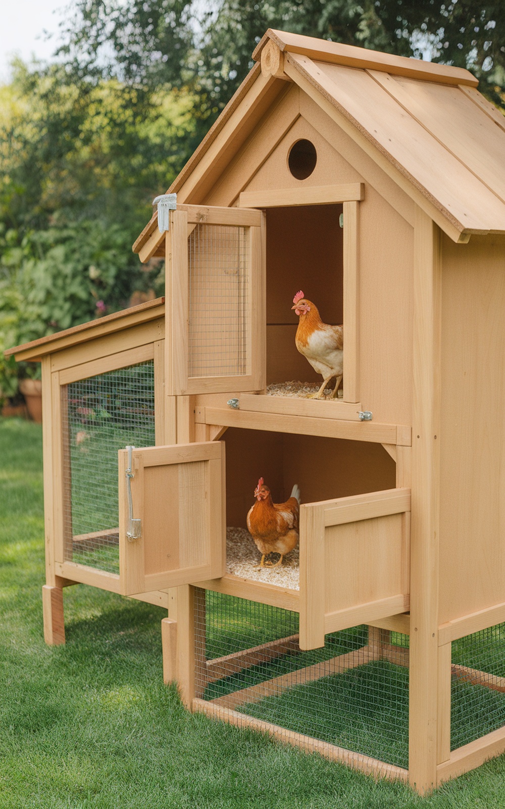 A compact wooden chicken coop with two chickens visible, featuring multiple access points and mesh panels for ventilation.