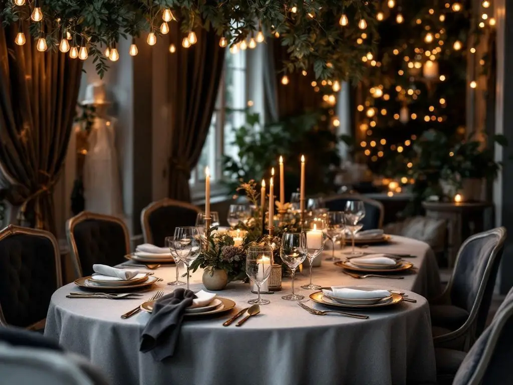 A beautifully set dinner table with soft lighting, floral arrangements, and elegant tableware.