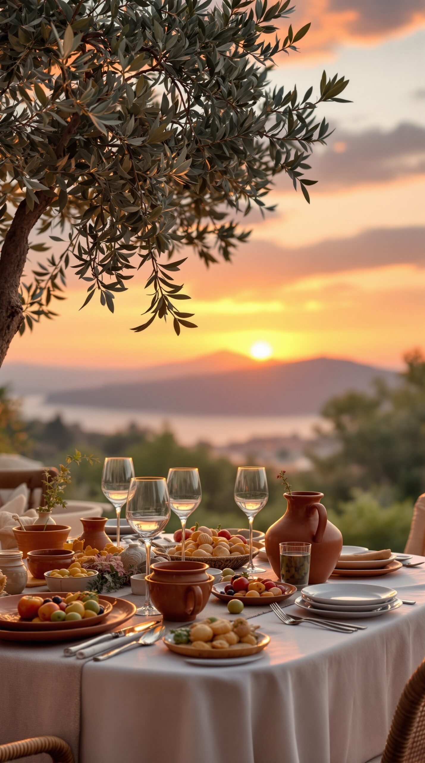 A beautifully set dinner table with Mediterranean decor, featuring pottery, fruits, and a sunset view.