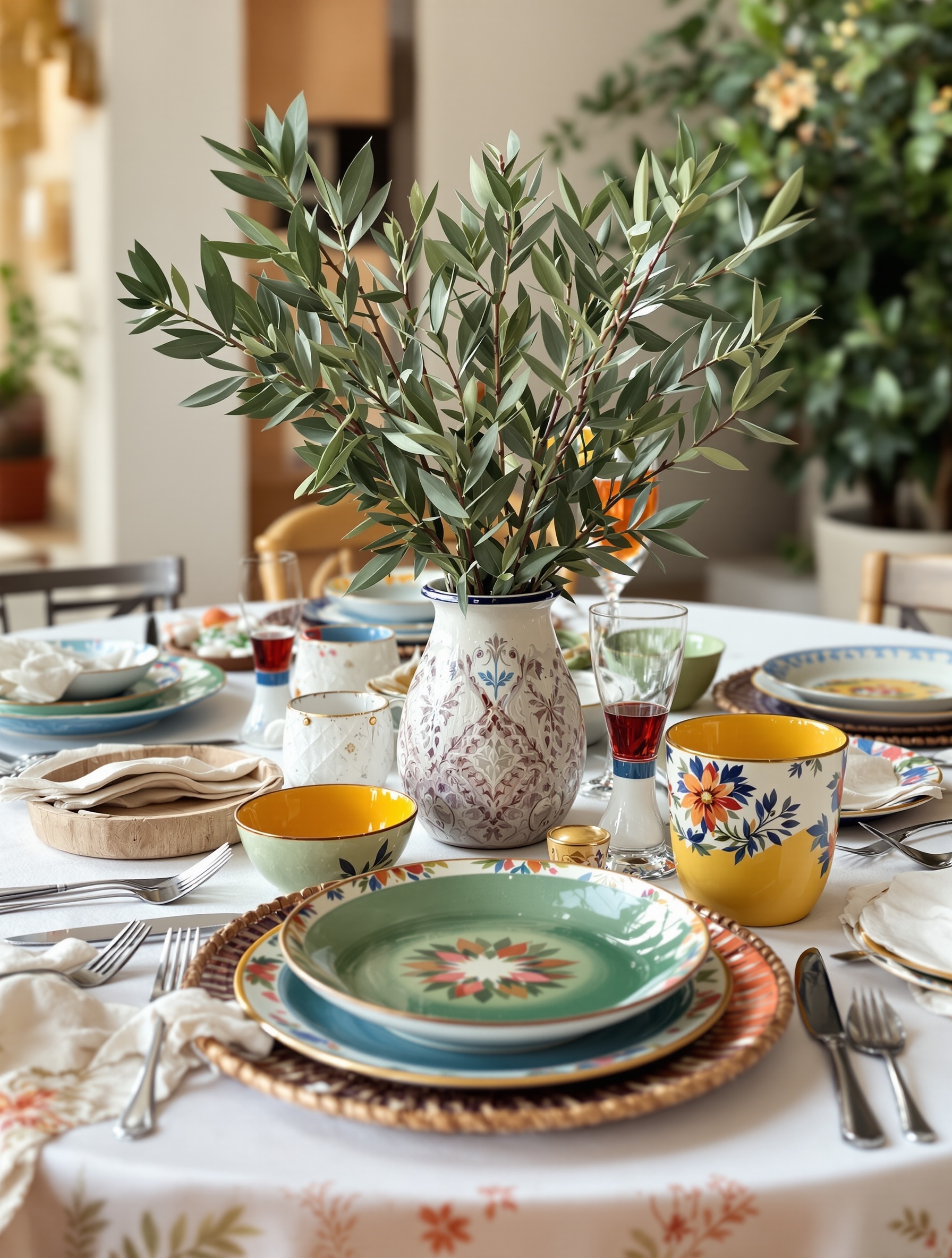 A garden dinner table setting with a Mediterranean vibe featuring an olive branch centerpiece, colorful plates, and rustic decor.