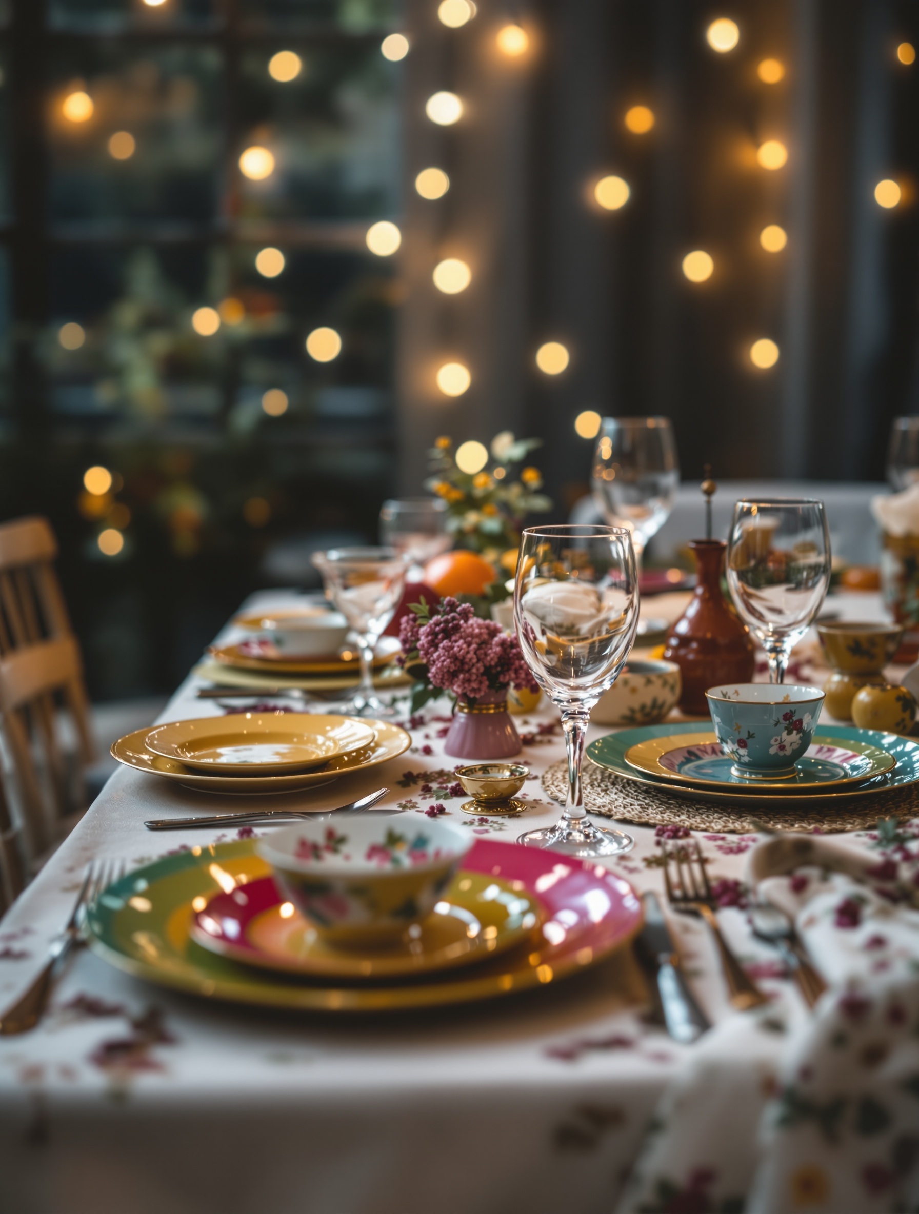 A beautifully set dinner table with colorful vintage plates and mismatched glassware, decorated with flowers and soft lighting.