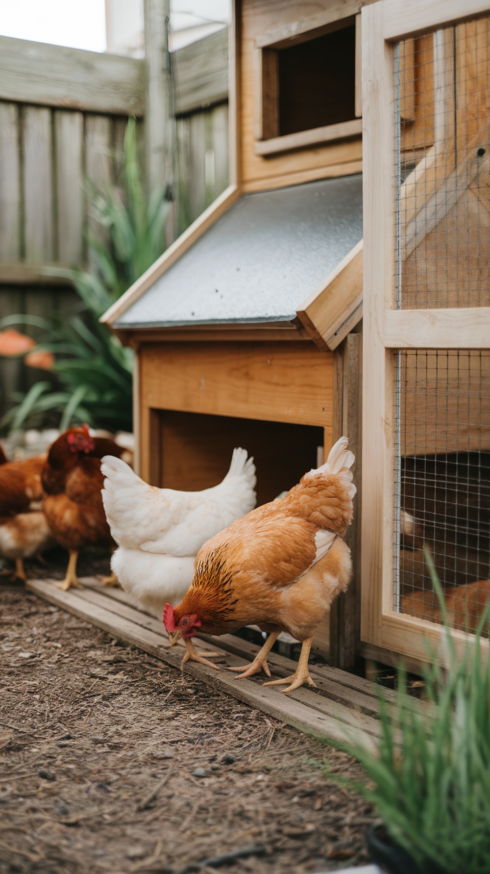 A small wooden chicken coop with chickens outside, set in a backyard.