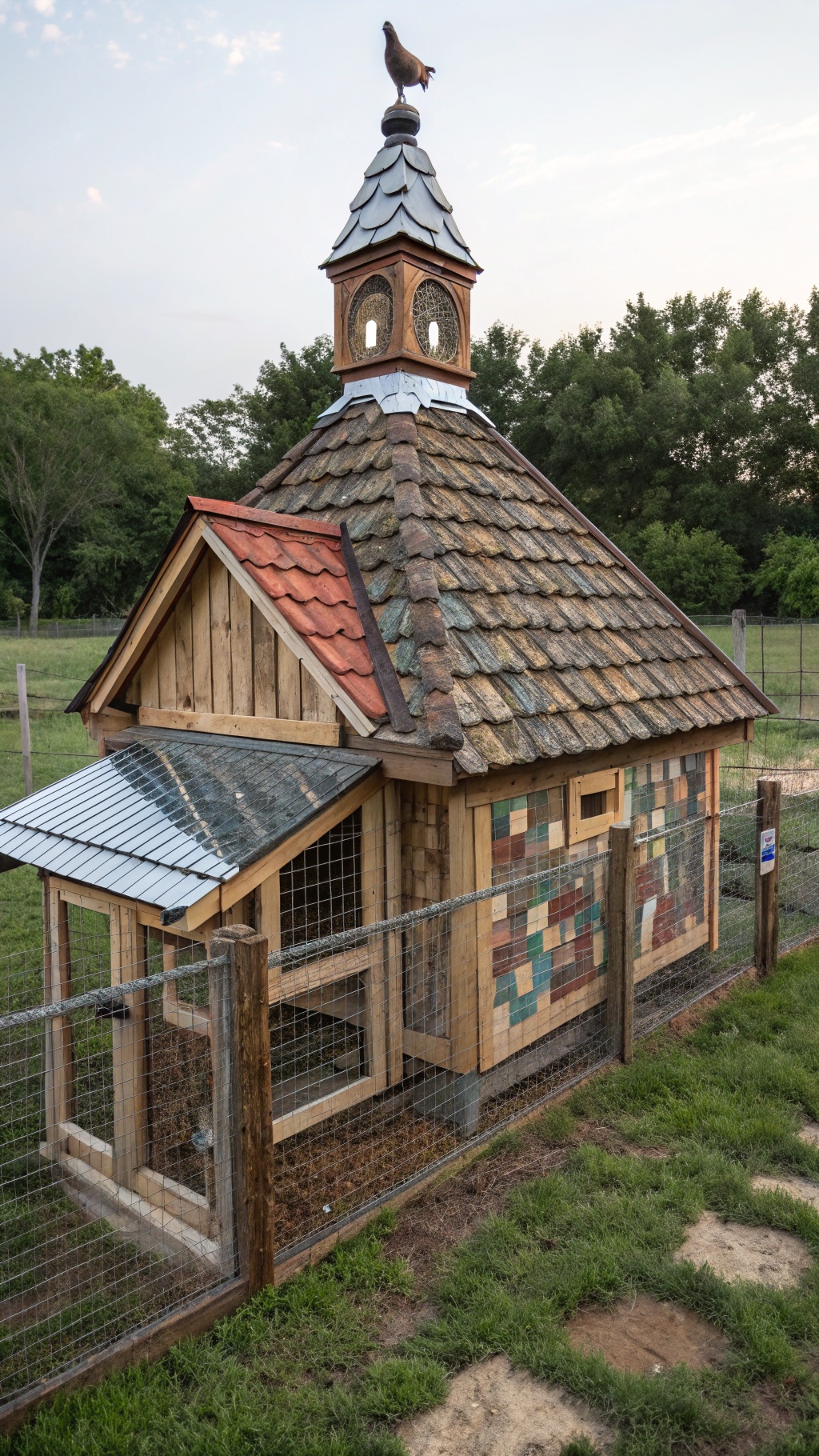 25+ Creative DIY Chicken Pen Ideas for Your Backyard 15 A creatively designed chicken coop with a peaked roof, featuring a mix of slate and wooden materials, and a decorative clock tower.