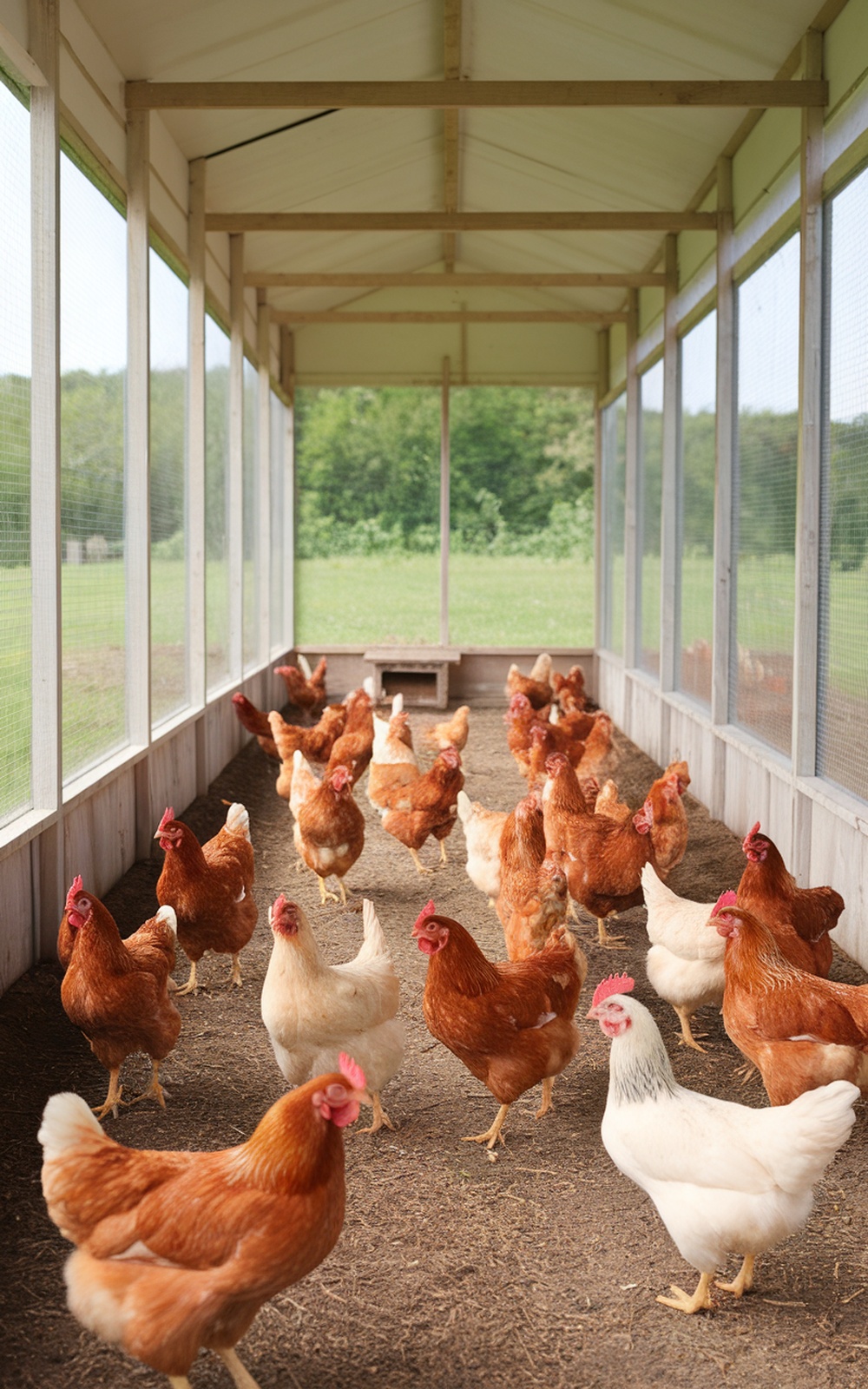 17+ Chicken Coop Plans for 20 Chickens (Spacious & Practical Designs) 15 Open-concept chicken coop with large windows and chickens inside.