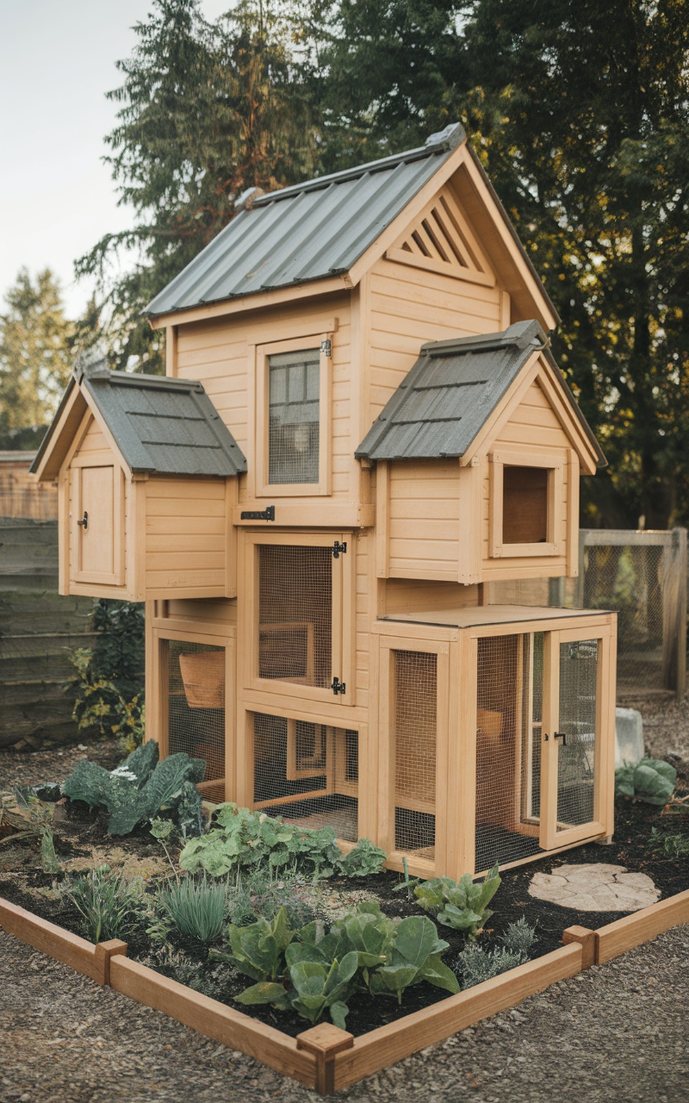 A vertical chicken coop with multiple levels and a garden area