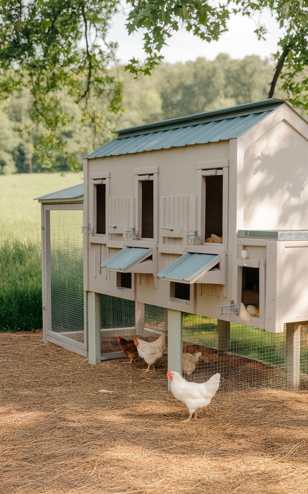 17+ Chicken Coop Plans for 20 Chickens (Spacious & Practical Designs) 2 A raised chicken coop with a run, featuring multiple nesting boxes and chickens roaming outside.
