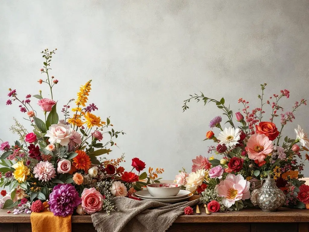 Two colorful floral arrangements on a wooden table, featuring roses, daisies, and greenery.