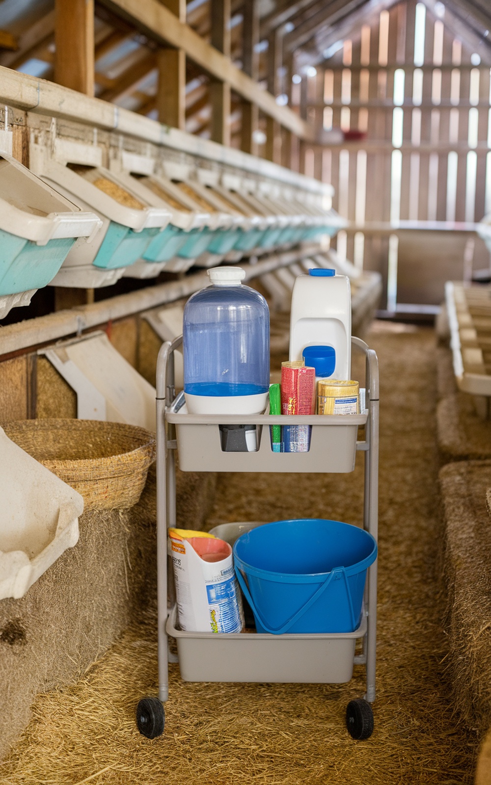 17+ Chicken Coop With Storage Ideas for a More Organized Backyard 9 A rolling storage cart in a chicken coop filled with a water container, cleaning supplies, and feed.