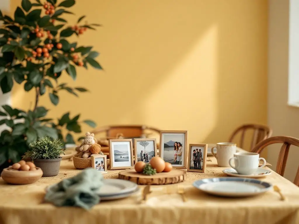 A cozy dinner table set with personal mementos, including framed photos and decorative items, against a warm yellow background.