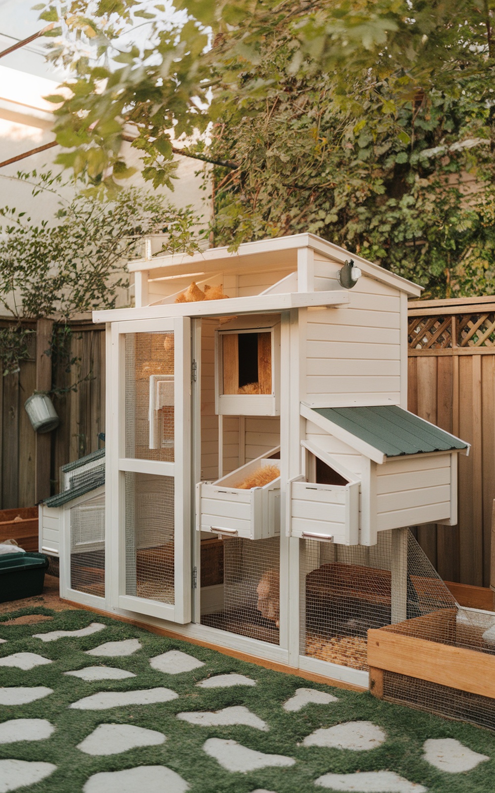 17+ Chicken Coop Plans for 20 Chickens (Spacious & Practical Designs) 16 A compact urban chicken coop with nesting boxes and mesh panels in a backyard setting.
