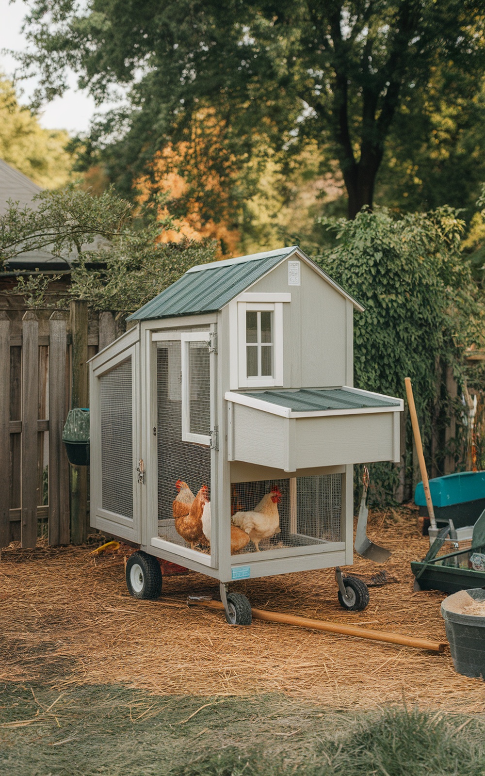 A mobile chicken coop with chickens inside, set in a backyard.