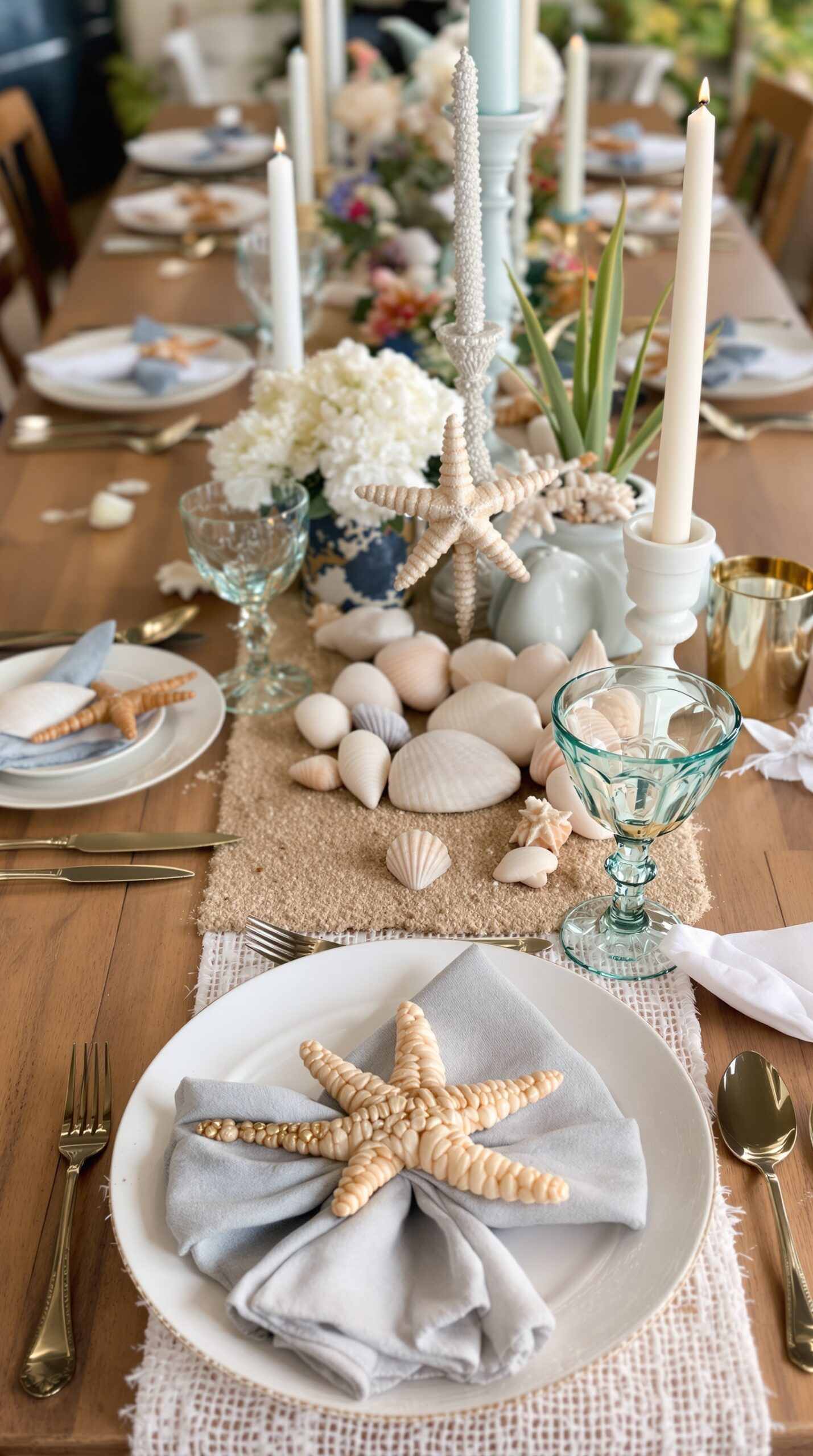 A beautifully set dinner table with coastal beach decor, featuring seashells, starfish, and candles.