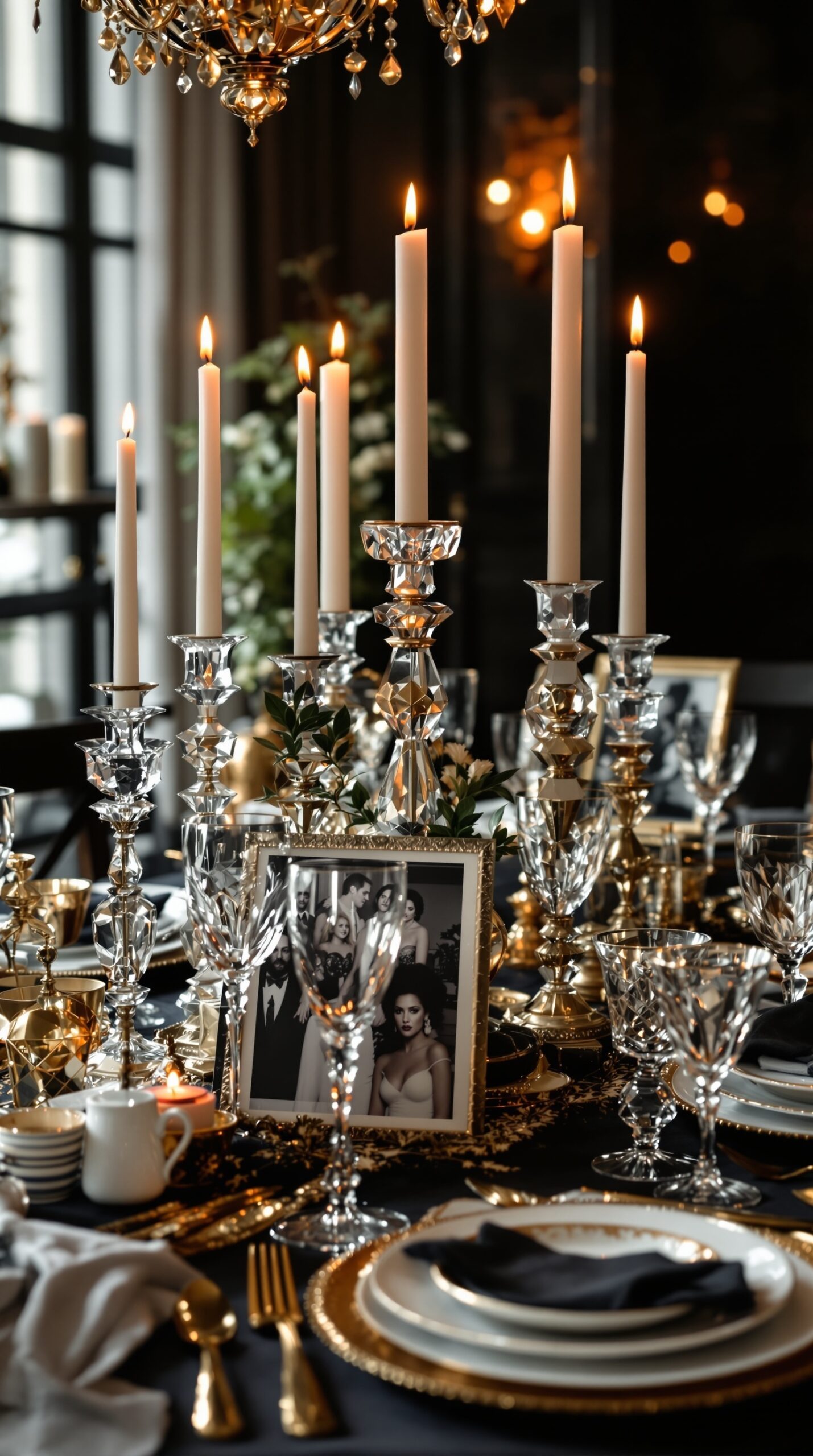 A beautifully set dinner table with vintage Hollywood glam decor, featuring candles, crystal glassware, and black and white photos.