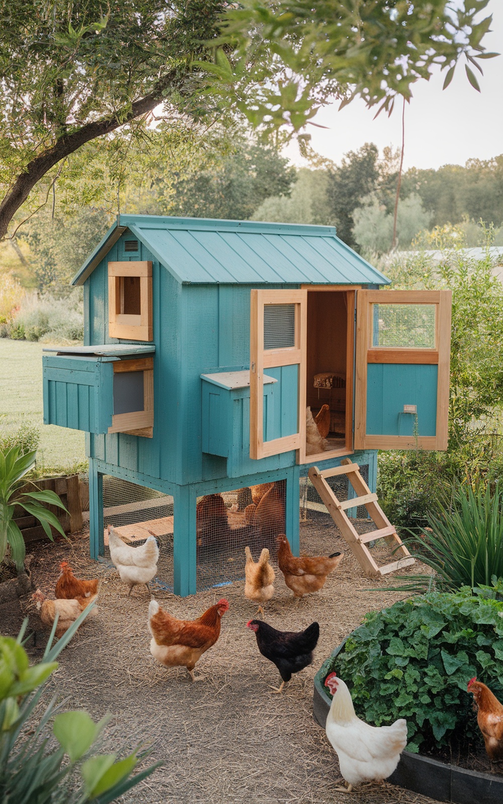 A vibrant teal chicken coop with open windows, surrounded by chickens and greenery.