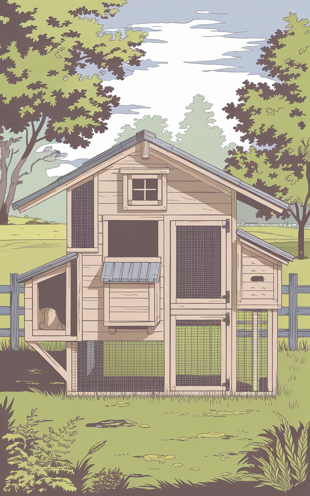 Illustration of a farmhouse chicken coop with a rustic design, featuring a fenced area, windows, and a nesting box.