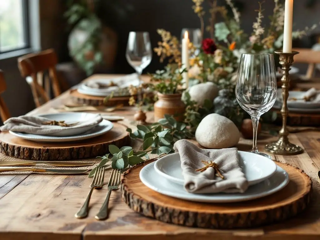 A rustic dinner table setting featuring wooden slices, greenery, stones, and elegant glassware.