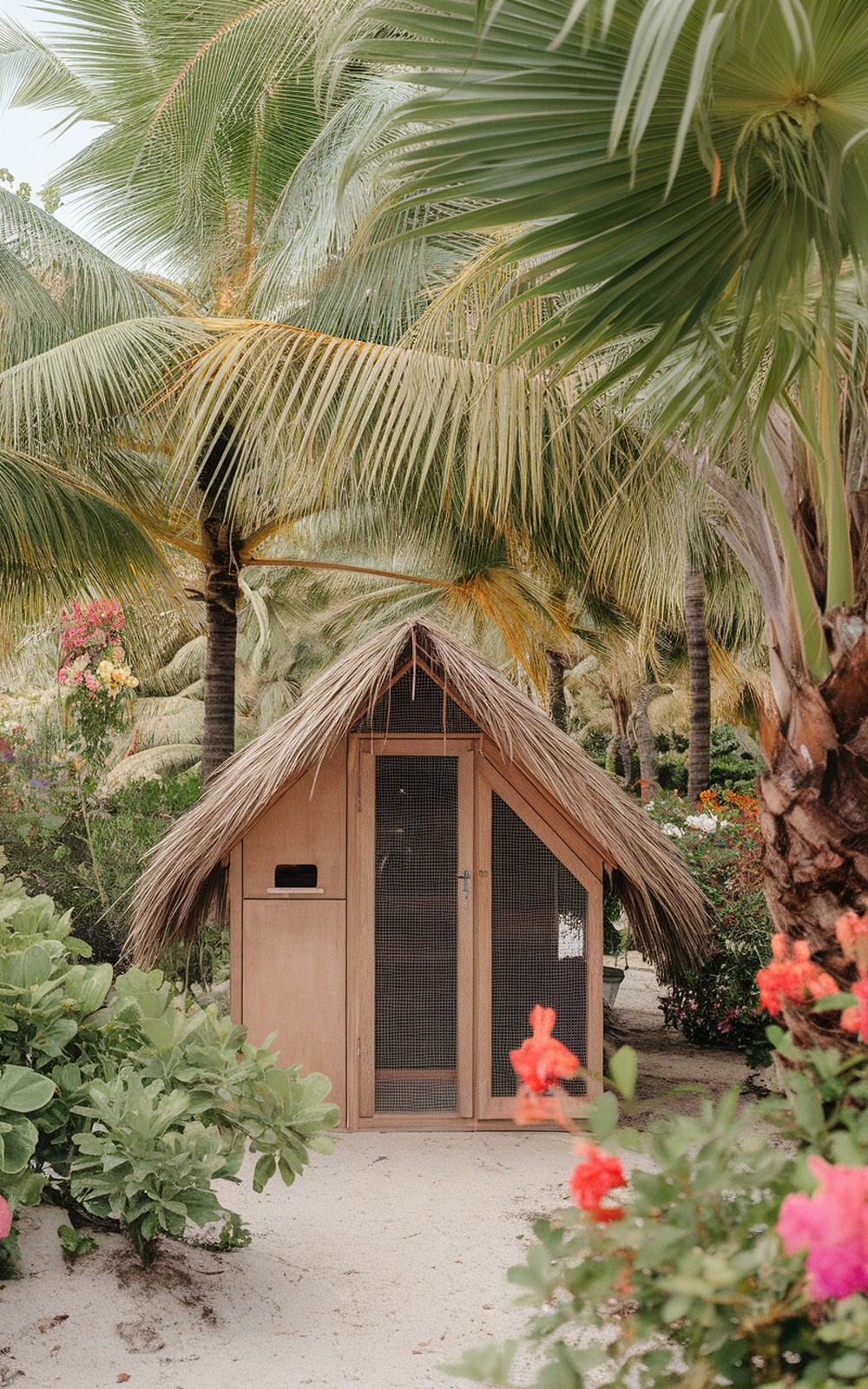 A tropical chicken coop surrounded by palm trees and colorful flowers