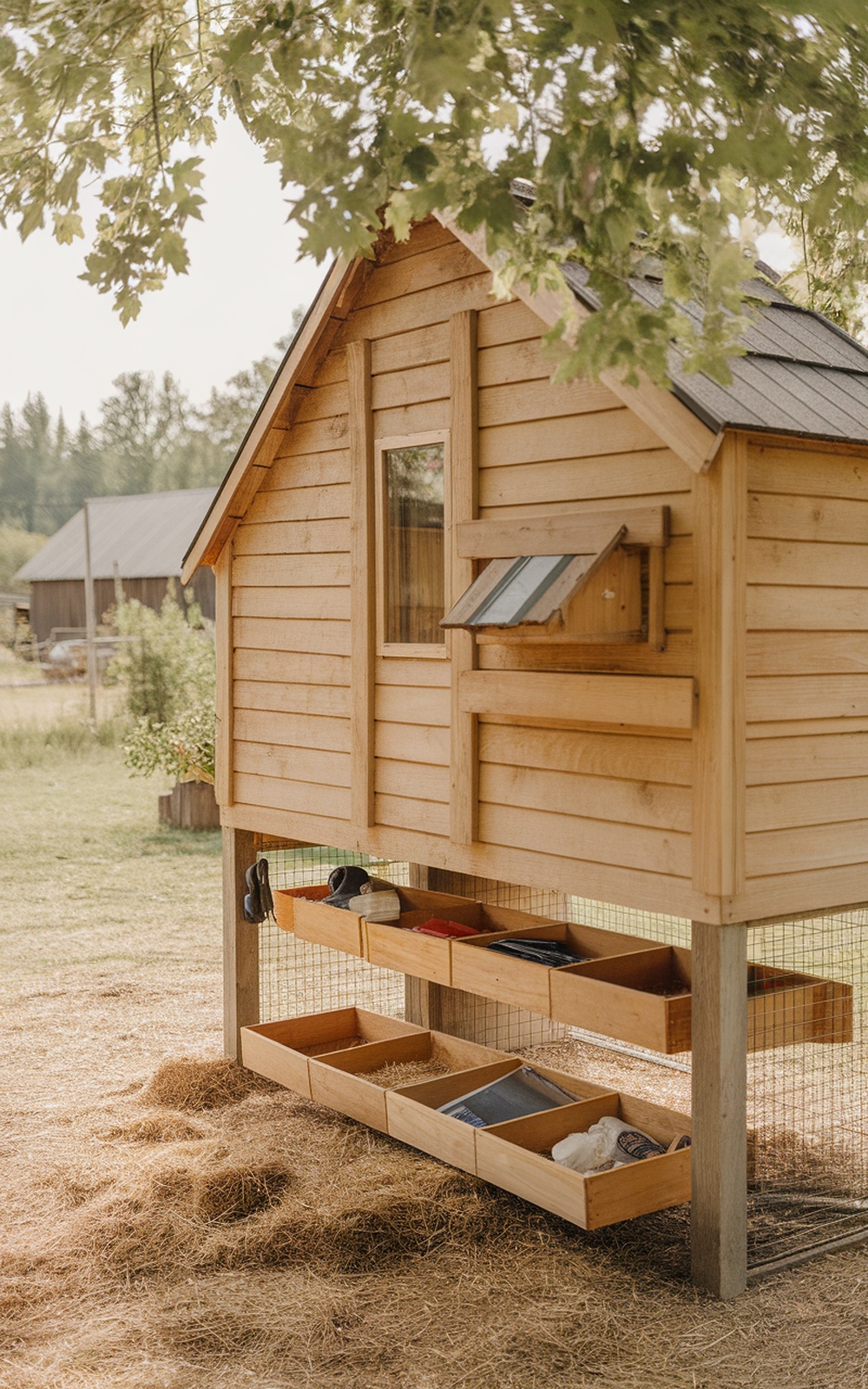 17+ Chicken Coop With Storage Ideas for a More Organized Backyard 2 A wooden chicken coop with under-coop storage drawers.