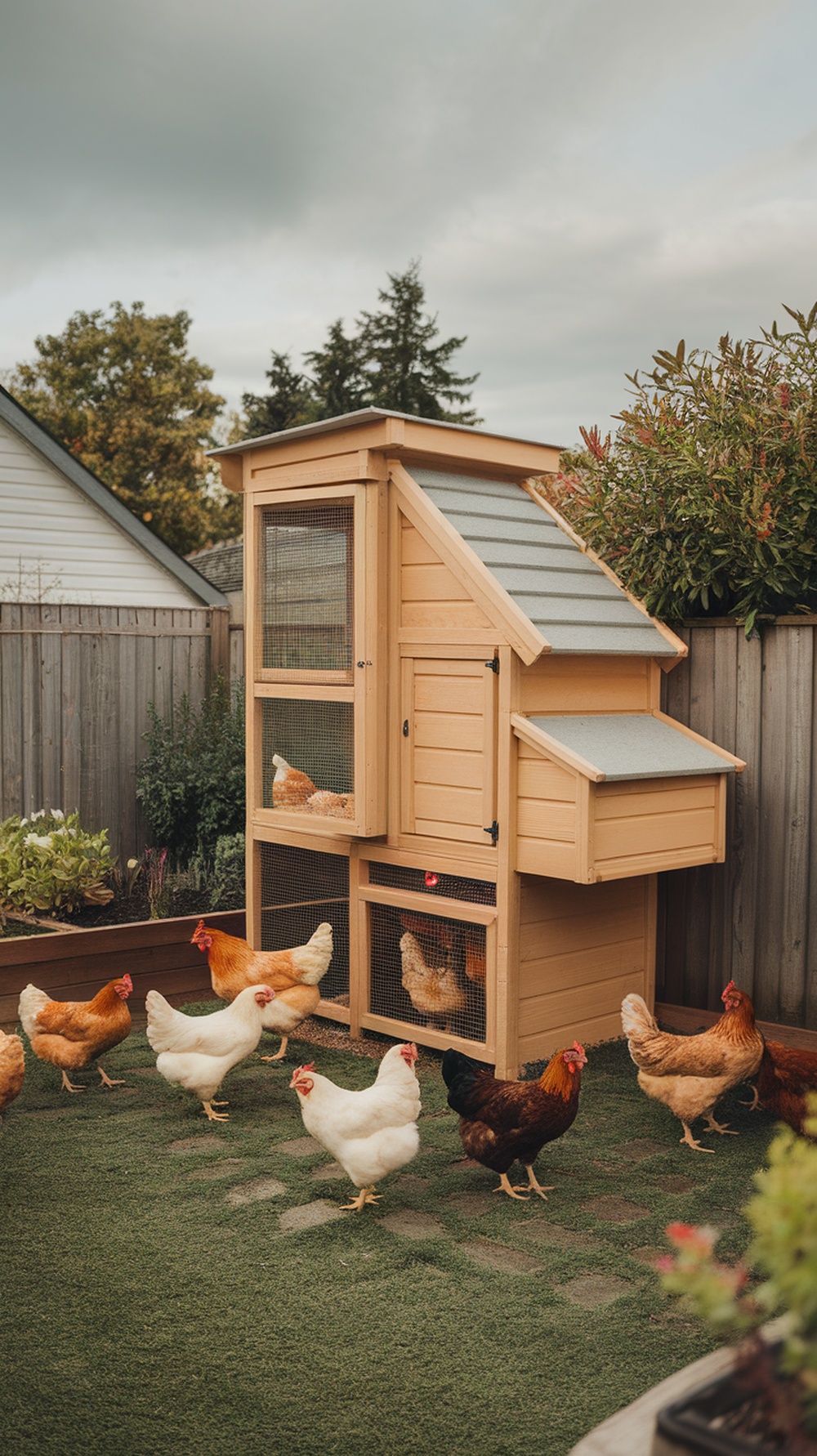 A vertical chicken coop with multiple levels and chickens roaming around