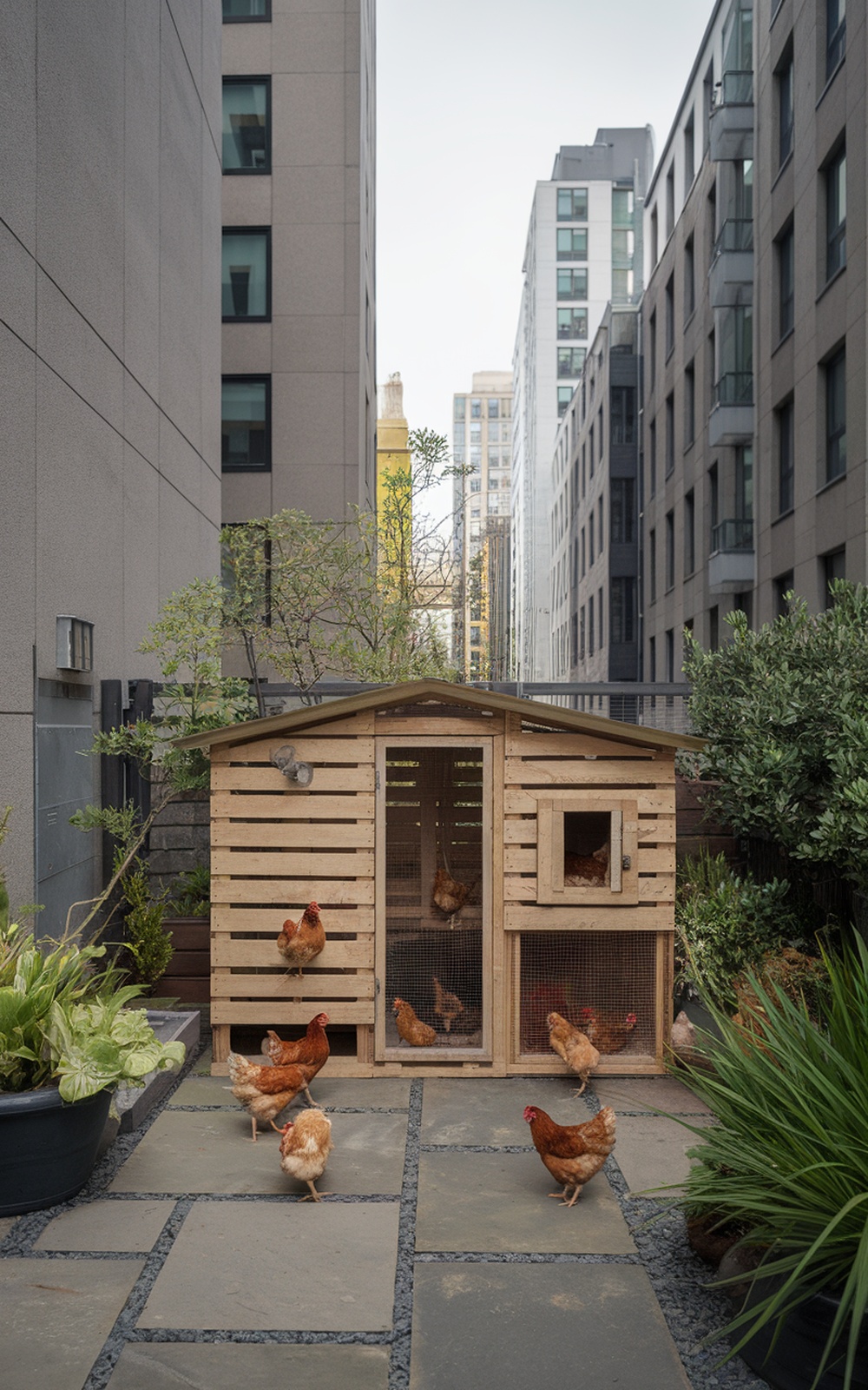 A cozy chicken coop surrounded by tall buildings in an urban setting, with chickens roaming around.