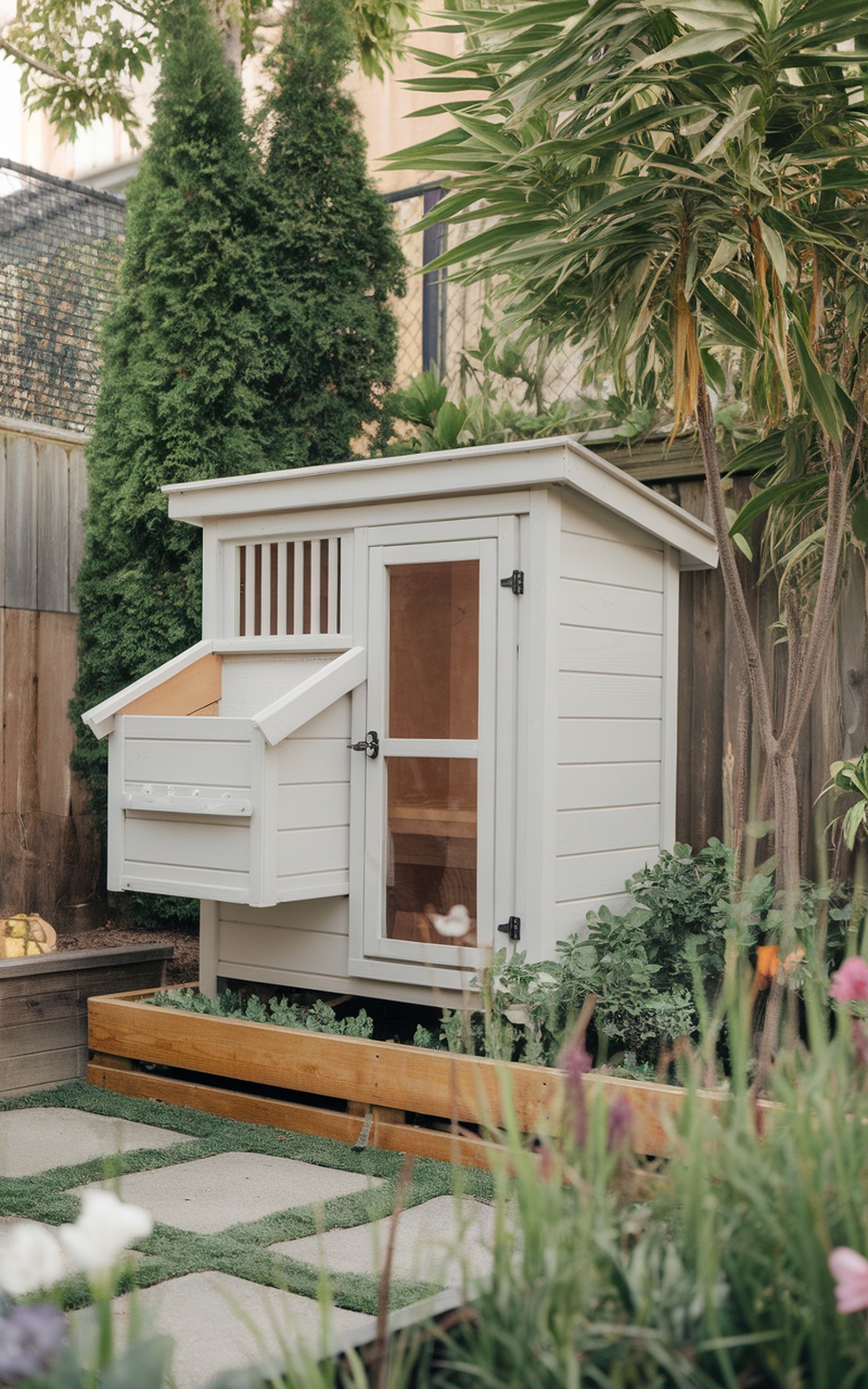 29+ DIY Chicken Coop Plans for a Practical Backyard Setup 9 A modern chicken coop in an urban garden, featuring a wooden exterior and a clear door, surrounded by greenery.