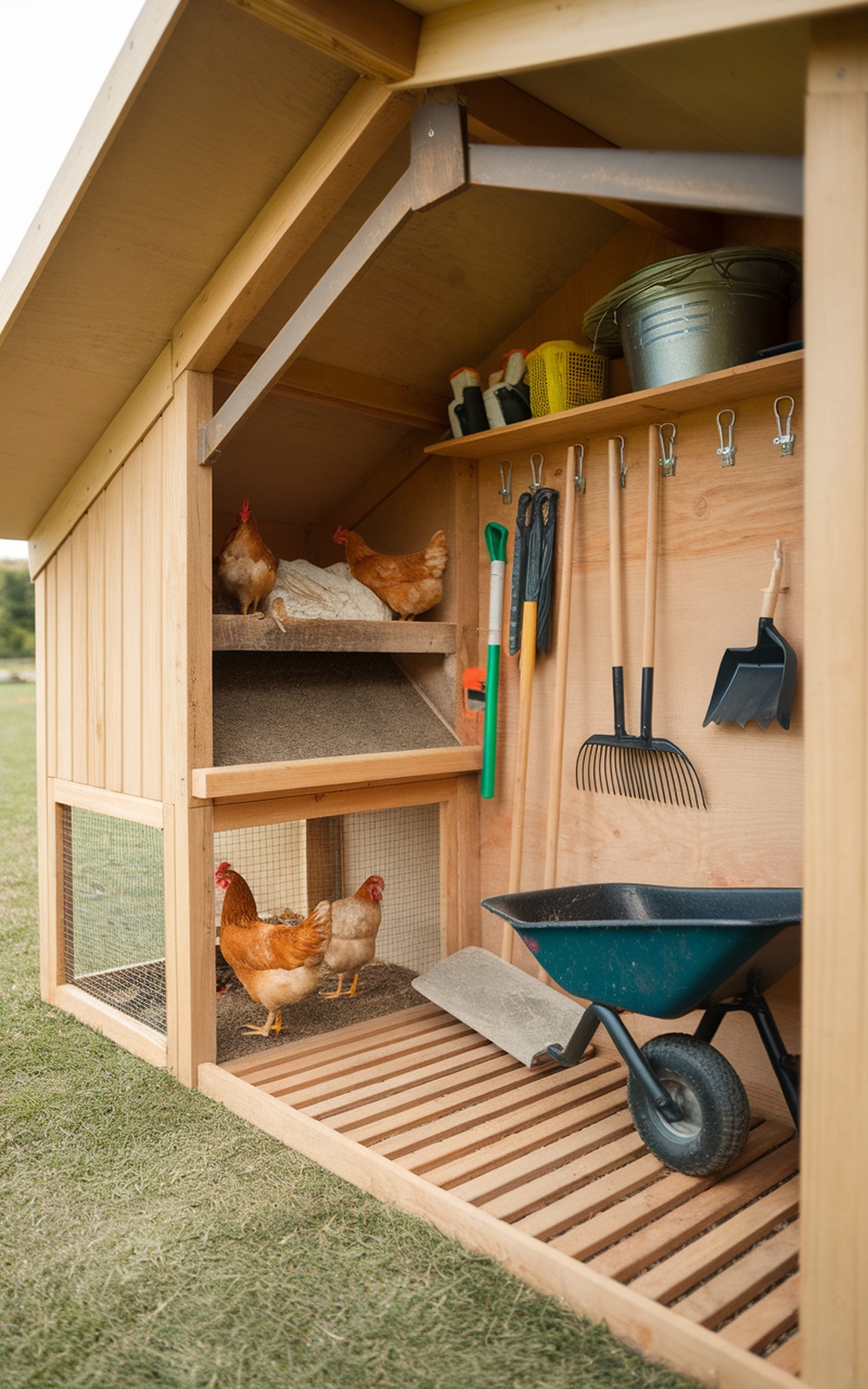 17+ Chicken Coop With Storage Ideas for a More Organized Backyard 7 A well-organized chicken coop with storage for tools and supplies, featuring chickens inside.