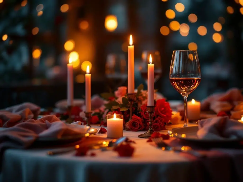 A romantic dinner table setting with candles, flowers, and wine.