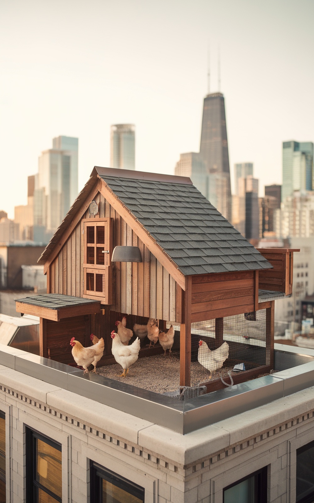 Luxury rooftop chicken coop with chickens on a city building