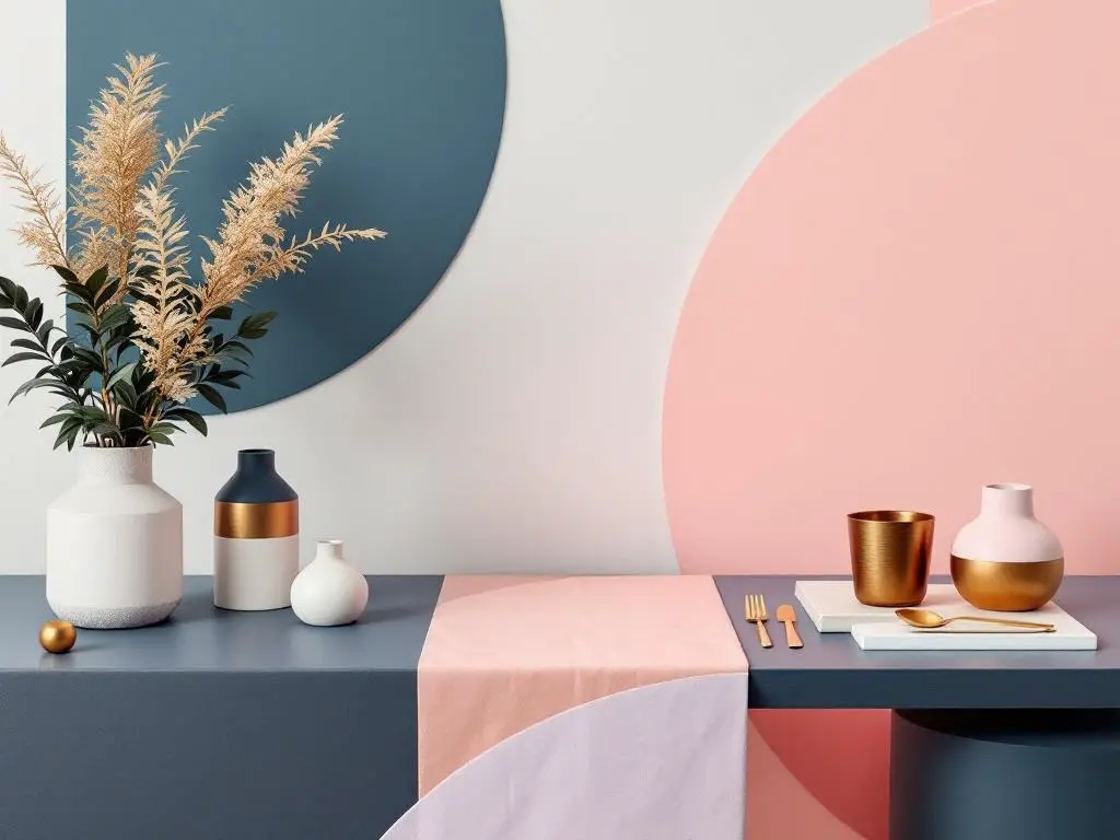 A modern dinner party table setting with geometric accents, featuring a mix of colors and stylish vases.