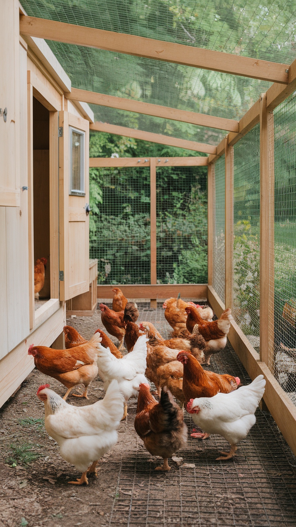 A chicken coop with an enclosed run, featuring various chickens roaming freely.