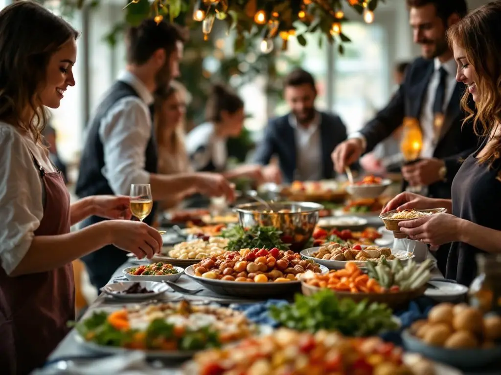A lively dinner party with guests enjoying a variety of food at interactive food stations.