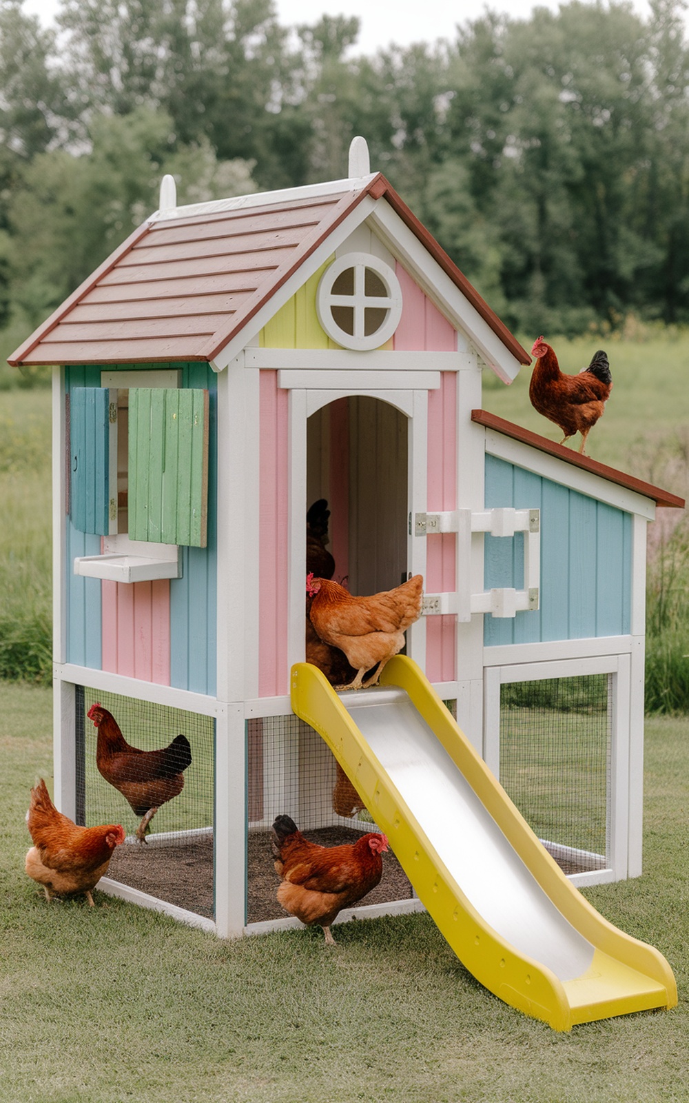 29+ DIY Chicken Coop Plans for a Practical Backyard Setup 14 A colorful children's playhouse chicken coop with chickens around it.