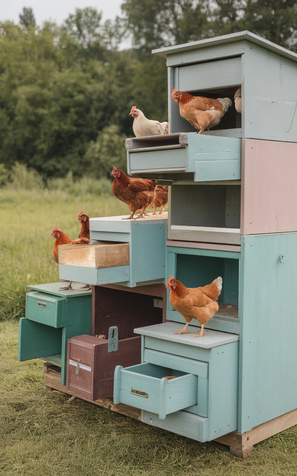 17+ Chicken Coop With Storage Ideas for a More Organized Backyard 8 A colorful chicken coop made from repurposed furniture with chickens exploring it.
